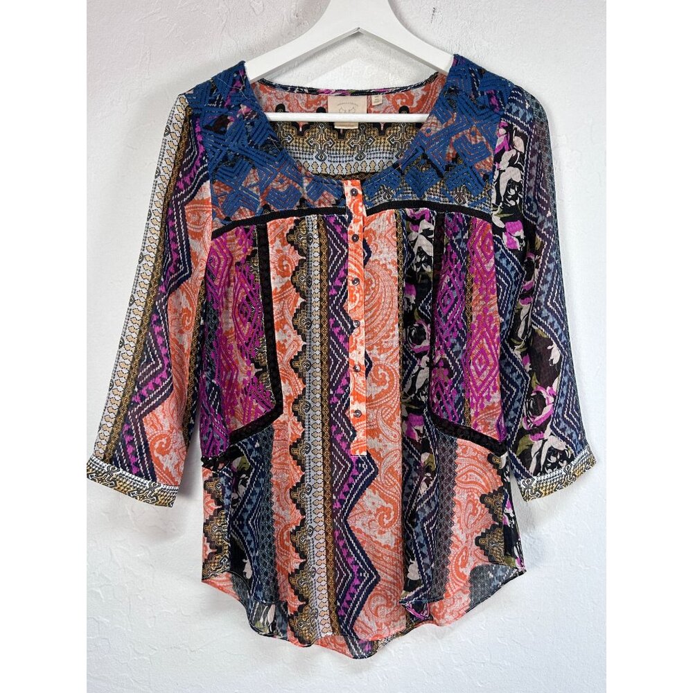 Vanessa Virginia Anthropologie Womens Split Neck Embroidered 3/4 Sleeve Top Sz 4